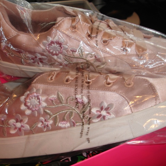 Betsey Johnson Shoes - Betsey Johnson Pink Satin Embroidered Sneakers 11